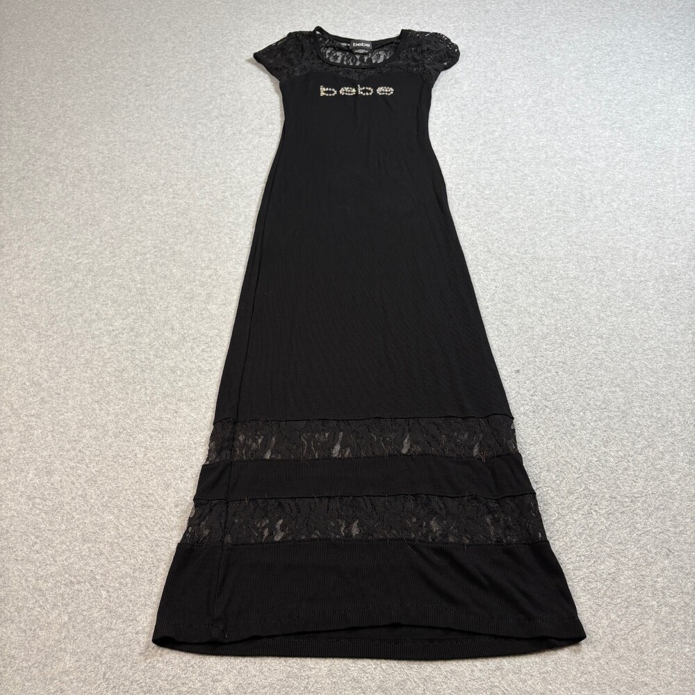 Bebe Dress Women XXS Black Lace Ribbed Rhinestones Maxi Whimsy Goth Y2K Made USA
